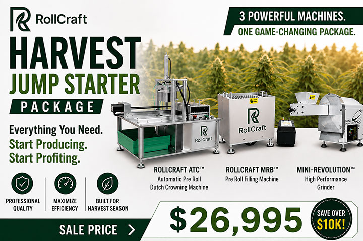 RollCraft Harvest Jump Starter complete pre-roll automation system with grinder, MRB pre-roll filler and ATC automated Dutch Crown closer
