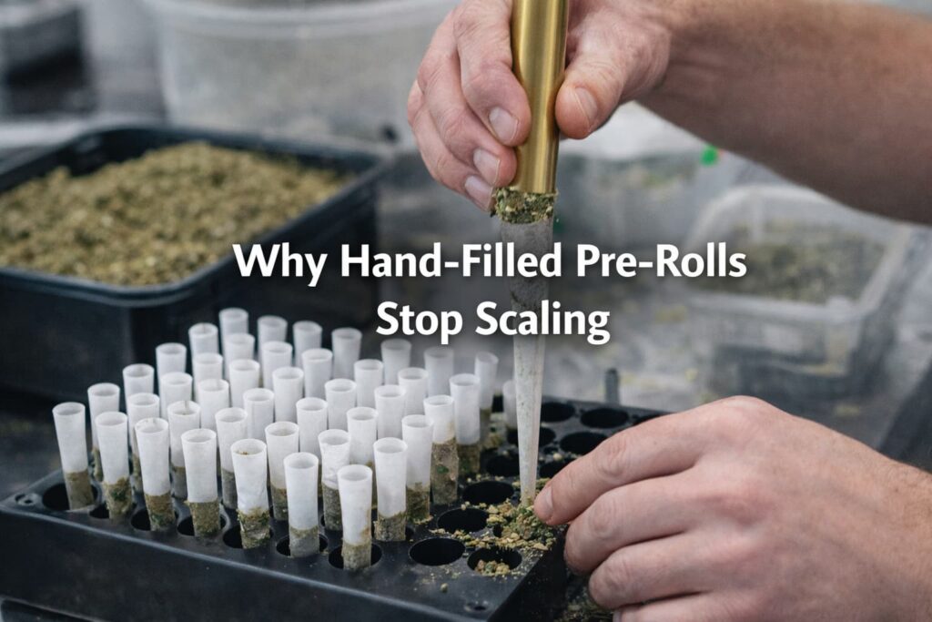 Why Hand-Filled Pre-Rolls Stop Scaling 1 Hand-filled pre-rolls being prepared for cannabis production