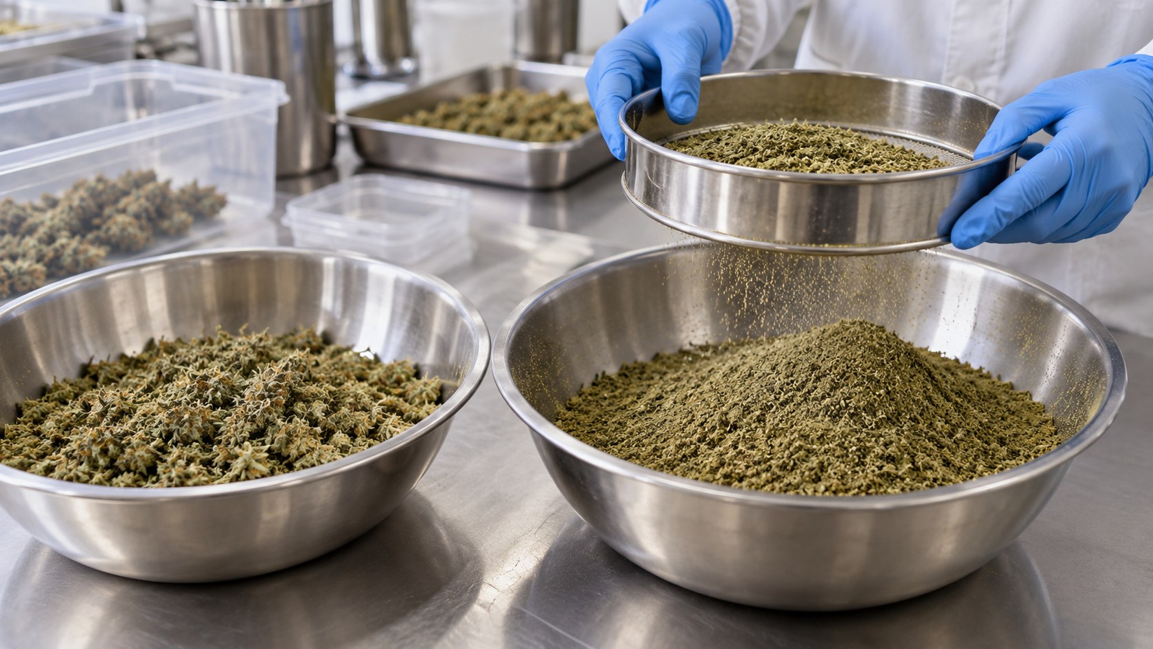 Gloved hands screening ground cannabis flower over stainless bowls at a material-preparation station