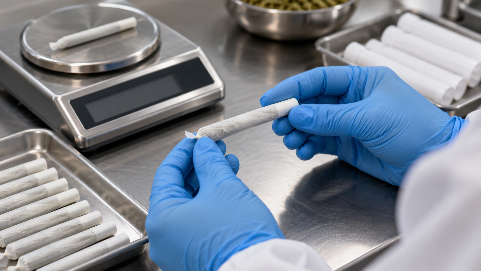 Gloved hands inspecting a pre-roll beside a precision scale and trays of finished cones